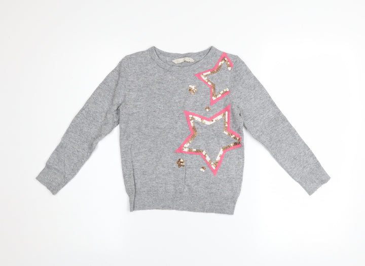 John Lewis Girls Grey Sequin Star Pullover Jumper Age 7 Years