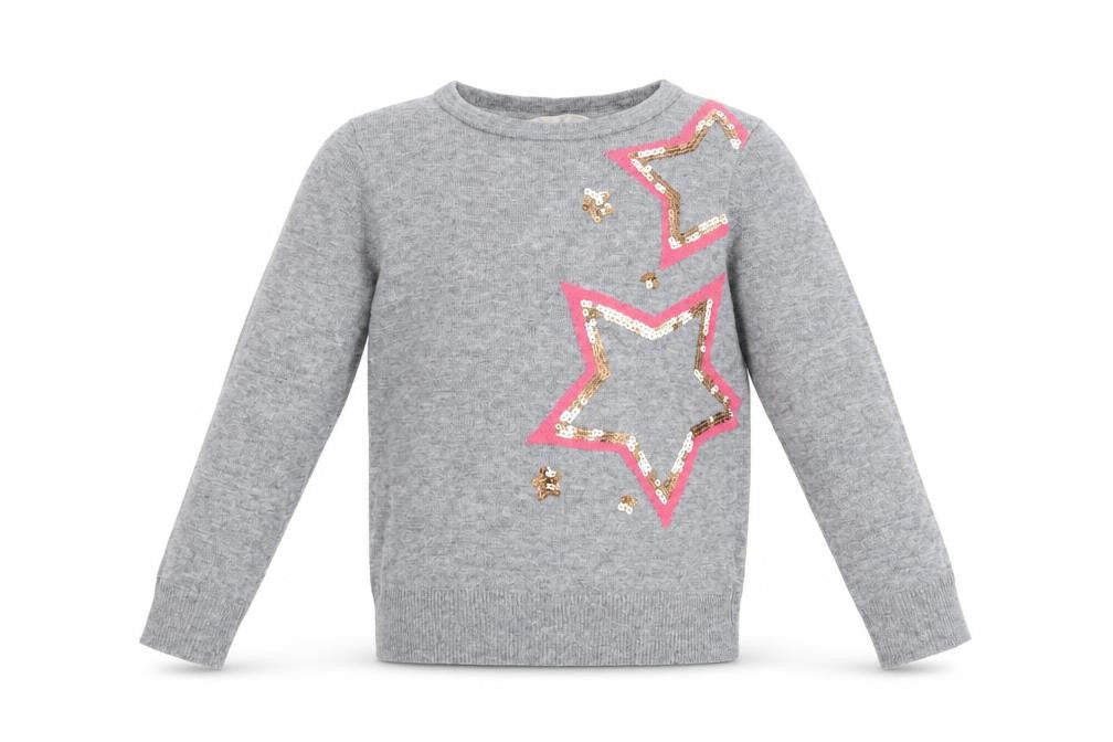 Front view of John Lewis girls’ grey sequin star jumper age 7 years