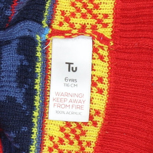 Tu Boys Red Multicoloured Christmas Jumper 6 Years Acrylic Knit Santa Reindeer