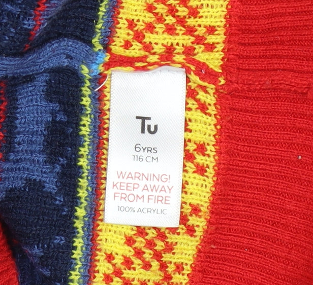 Tu Boys Red Multicoloured Christmas Jumper 6 Years Acrylic Knit Santa Reindeer