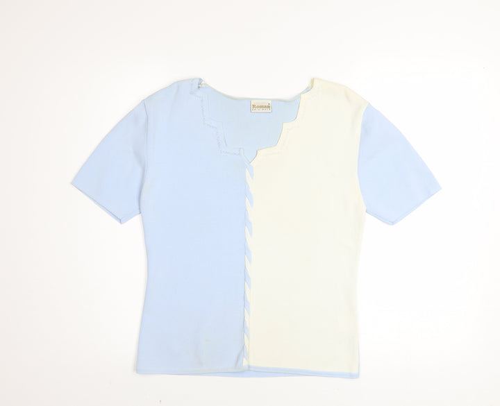 Roman Originals Women’s Blue & Ivory Knit Top Small Short Sleeve Colourblock