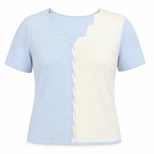 Roman Originals Women’s Blue & Ivory Knit Top Small Short Sleeve Colourblock