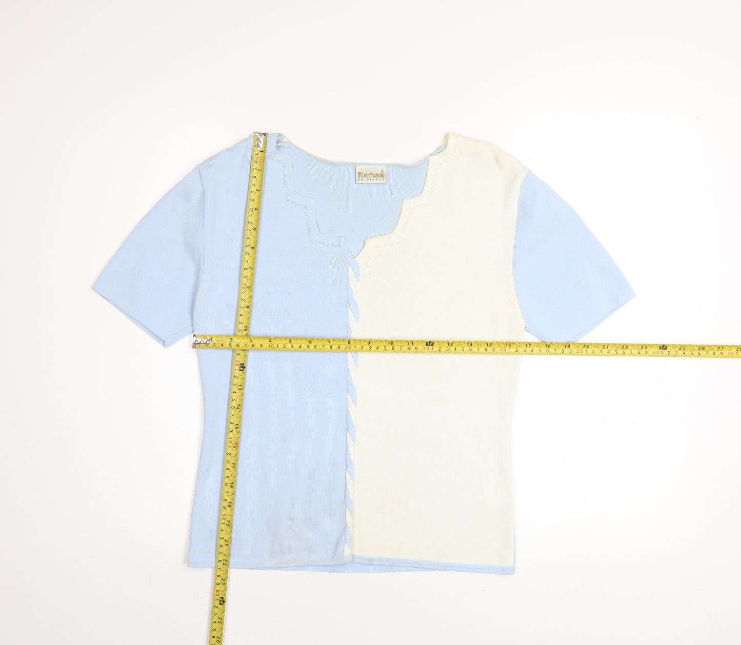 Roman Originals Women’s Blue & Ivory Knit Top Small Short Sleeve Colourblock