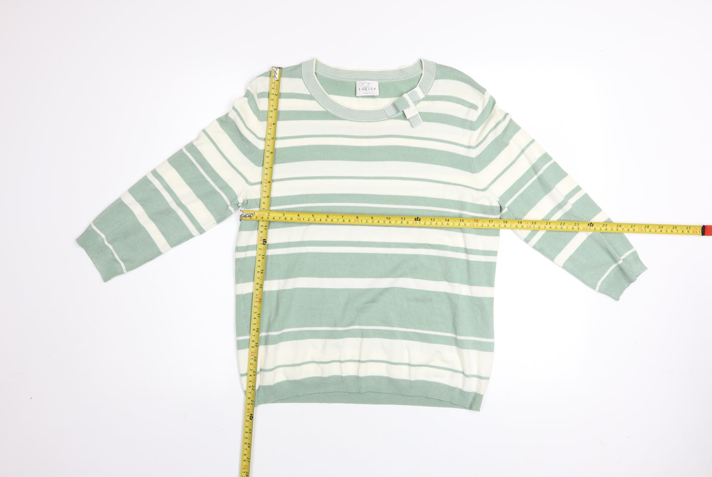 Eastex Women’s Green White Striped Crew Neck 3/4 Sleeve Jumper Size 12