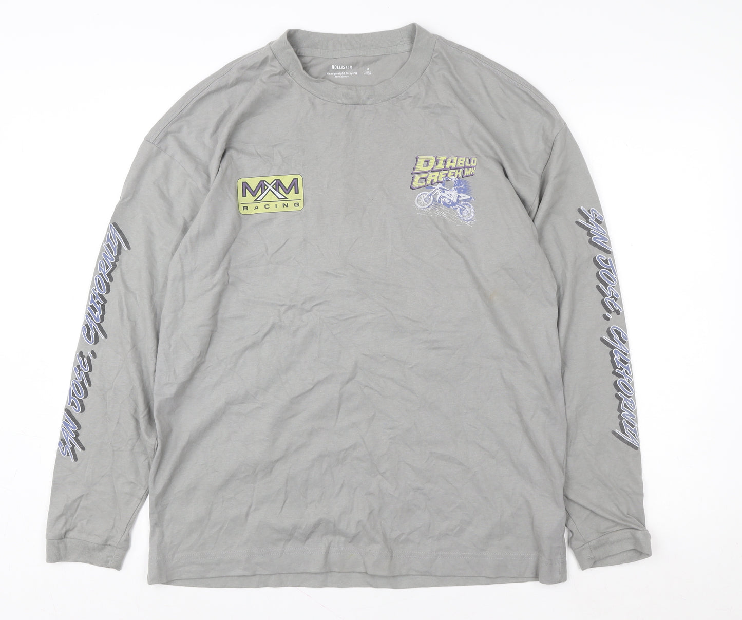 Hollister Men’s Grey Long Sleeve Graphic Racing Cotton T-Shirt M
