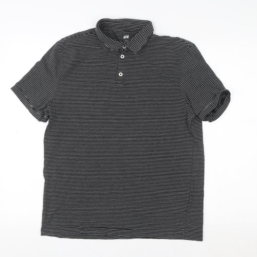 H&M Women Black Striped Polo Shirt M Slim Fit Short Sleeve