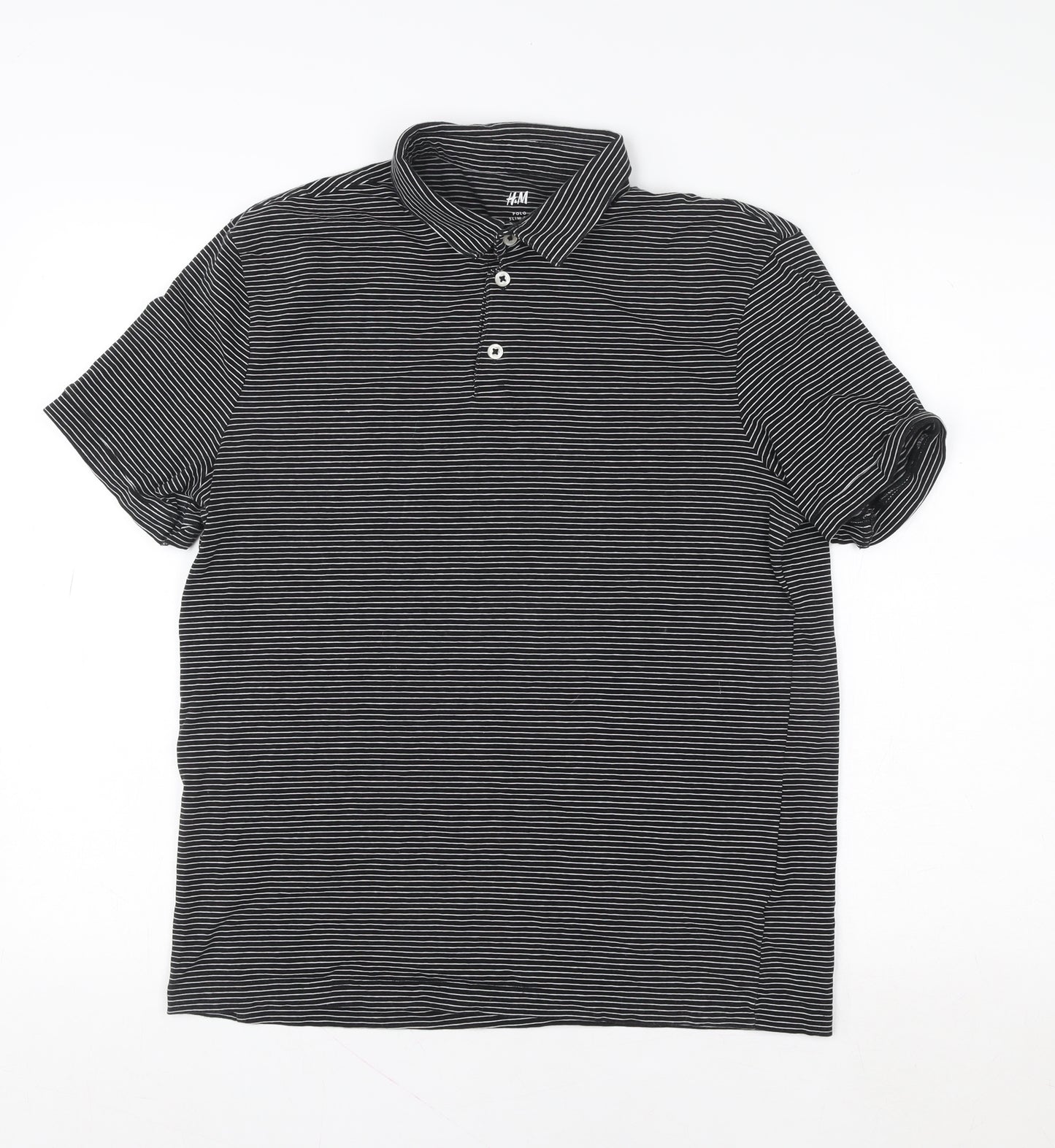 H&M Women Black Striped Polo Shirt M Slim Fit Short Sleeve