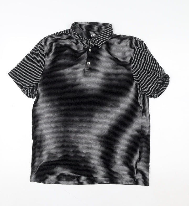 H&M Women Black Striped Polo Shirt M Slim Fit Short Sleeve