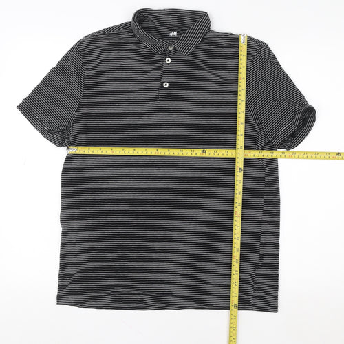 H&M Women Black Striped Polo Shirt M Slim Fit Short Sleeve