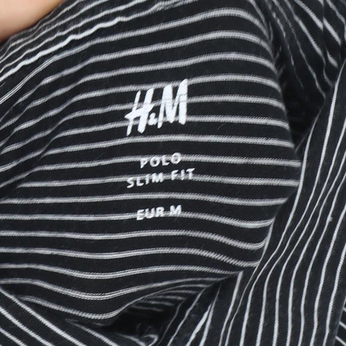 H&M Women Black Striped Polo Shirt M Slim Fit Short Sleeve