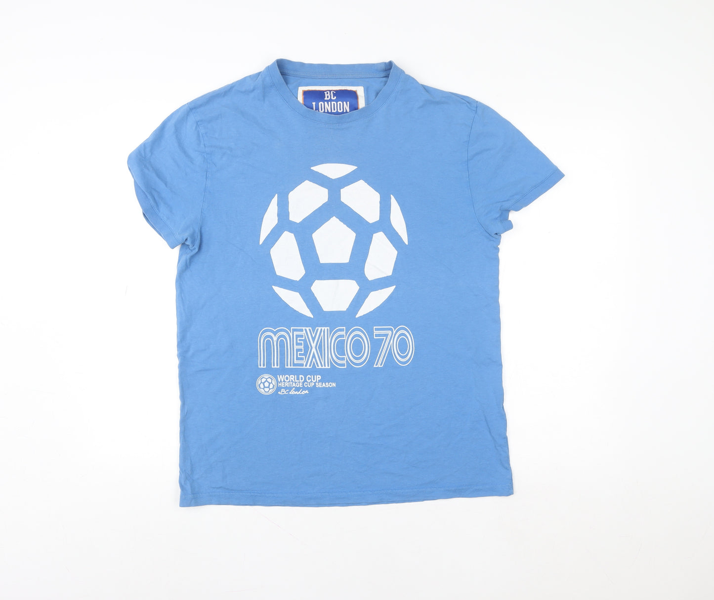 BC London Men Blue Mexico 70 Graphic Cotton T-Shirt Size L Retro Sports Tee