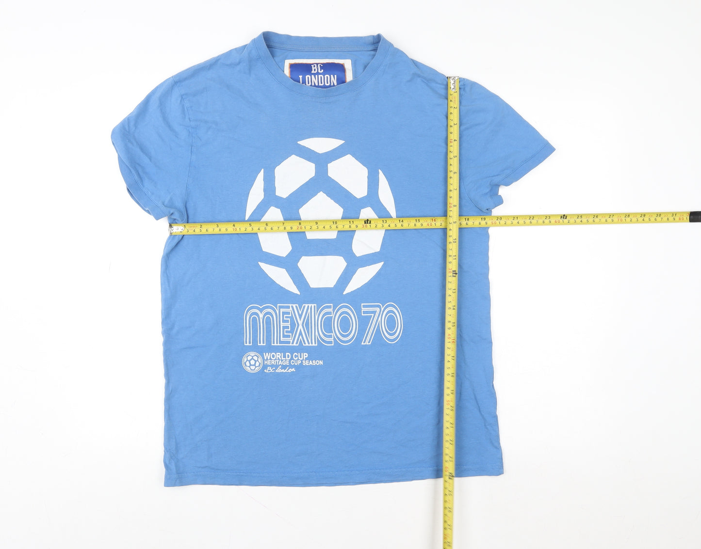 BC London Men Blue Mexico 70 Graphic Cotton T-Shirt Size L Retro Sports Tee