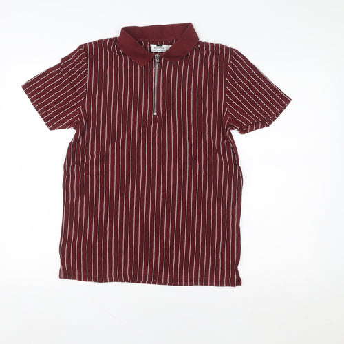 Topman Men's Red Striped Collared Zip Short Sleeve T-Shirt Size M