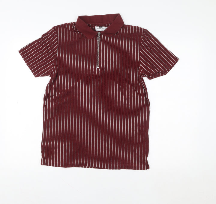 Topman Men's Red Striped Collared Zip Short Sleeve T-Shirt Size M