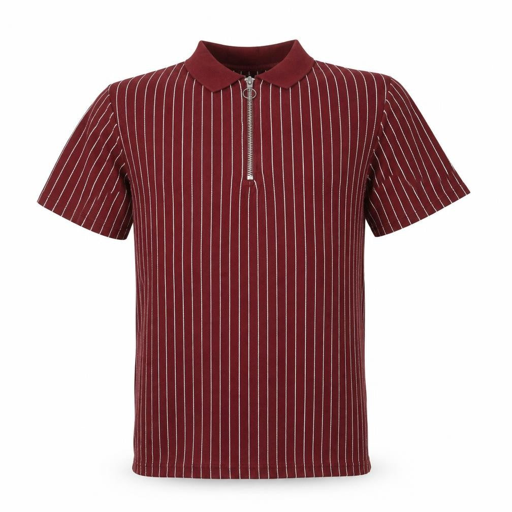 Front view of Topman Men's Red Striped Collared Zip Short Sleeve T-Shirt, size M