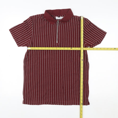 Topman Men's Red Striped Collared Zip Short Sleeve T-Shirt Size M