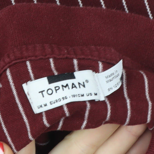 Topman Men's Red Striped Collared Zip Short Sleeve T-Shirt Size M