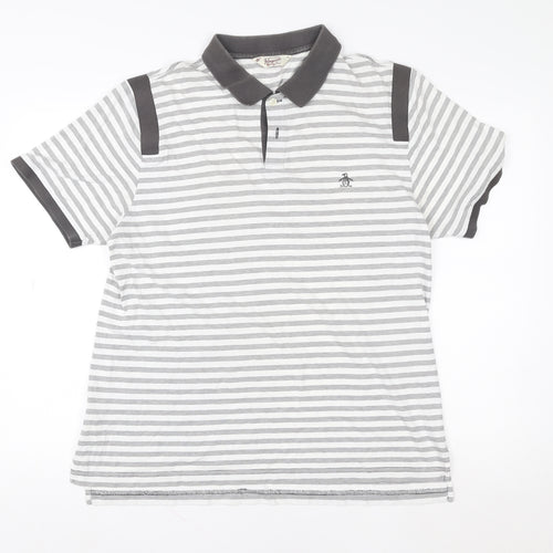 Original Penguin Men’s Grey Striped Polo Shirt XL Pima Cotton