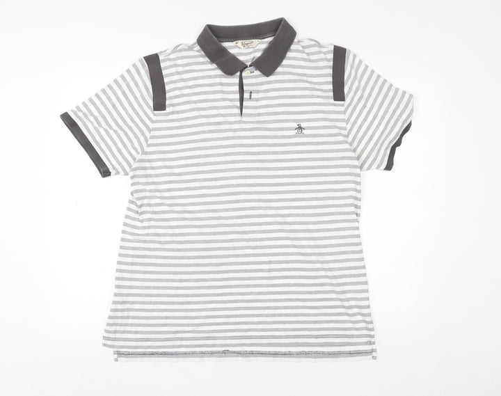 Original Penguin Men’s Grey Striped Polo Shirt XL Pima Cotton