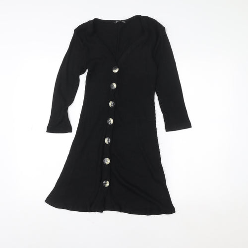 Stradivarius Womens Black Ribbed Knit V-Neck Button Dress Size 8