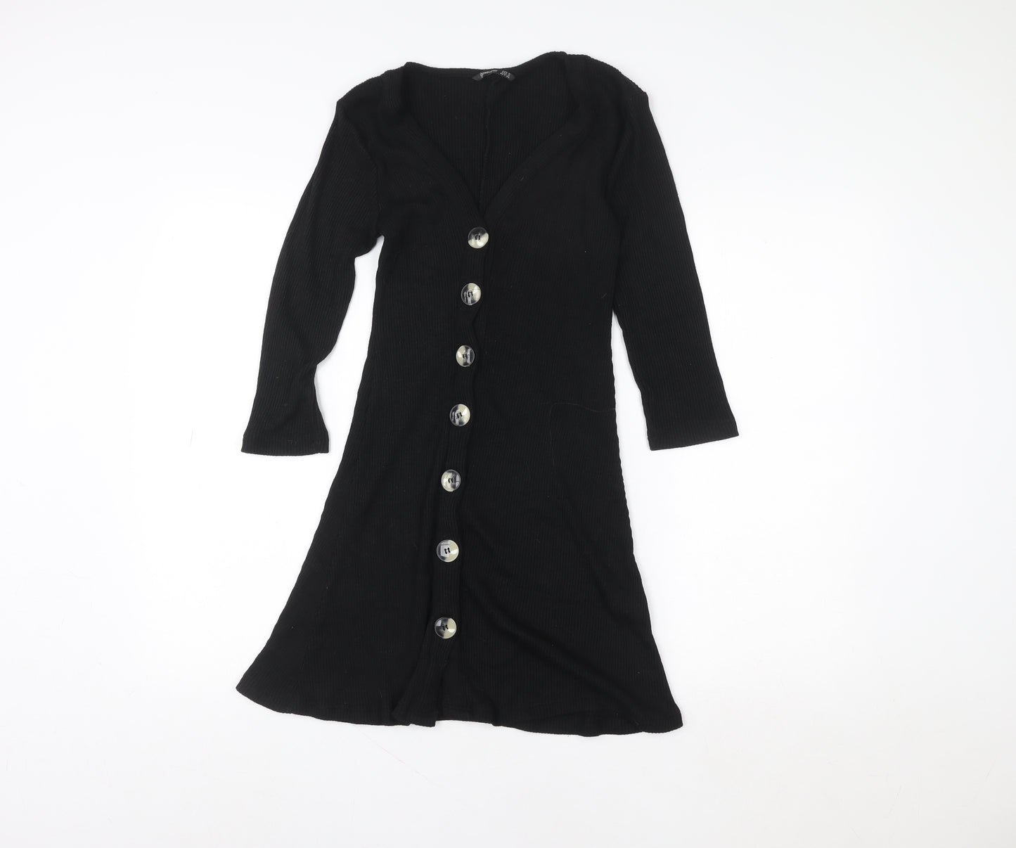 Stradivarius Womens Black Ribbed Knit V-Neck Button Dress Size 8