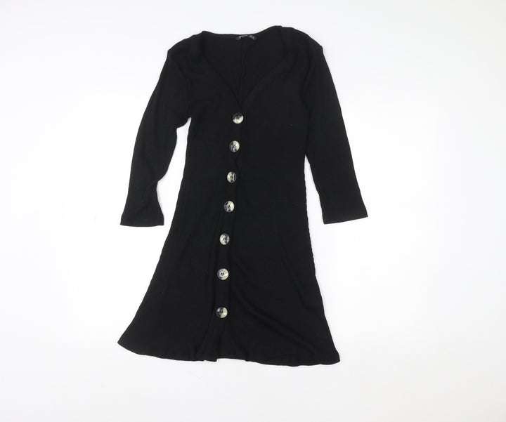 Stradivarius Womens Black Ribbed Knit V-Neck Button Dress Size 8