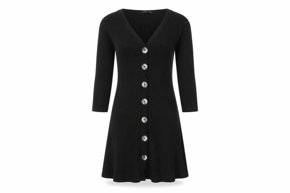 Front view of Stradivarius women’s black ribbed knit v-neck button dress, size UK 8