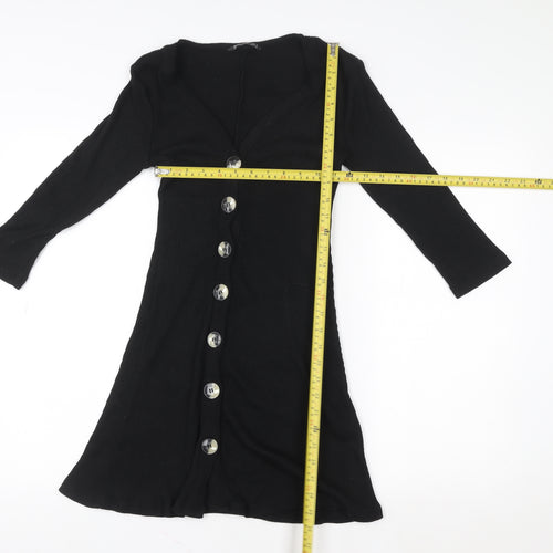 Stradivarius Womens Black Ribbed Knit V-Neck Button Dress Size 8