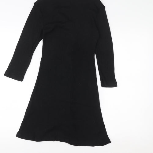 Stradivarius Womens Black Ribbed Knit V-Neck Button Dress Size 8