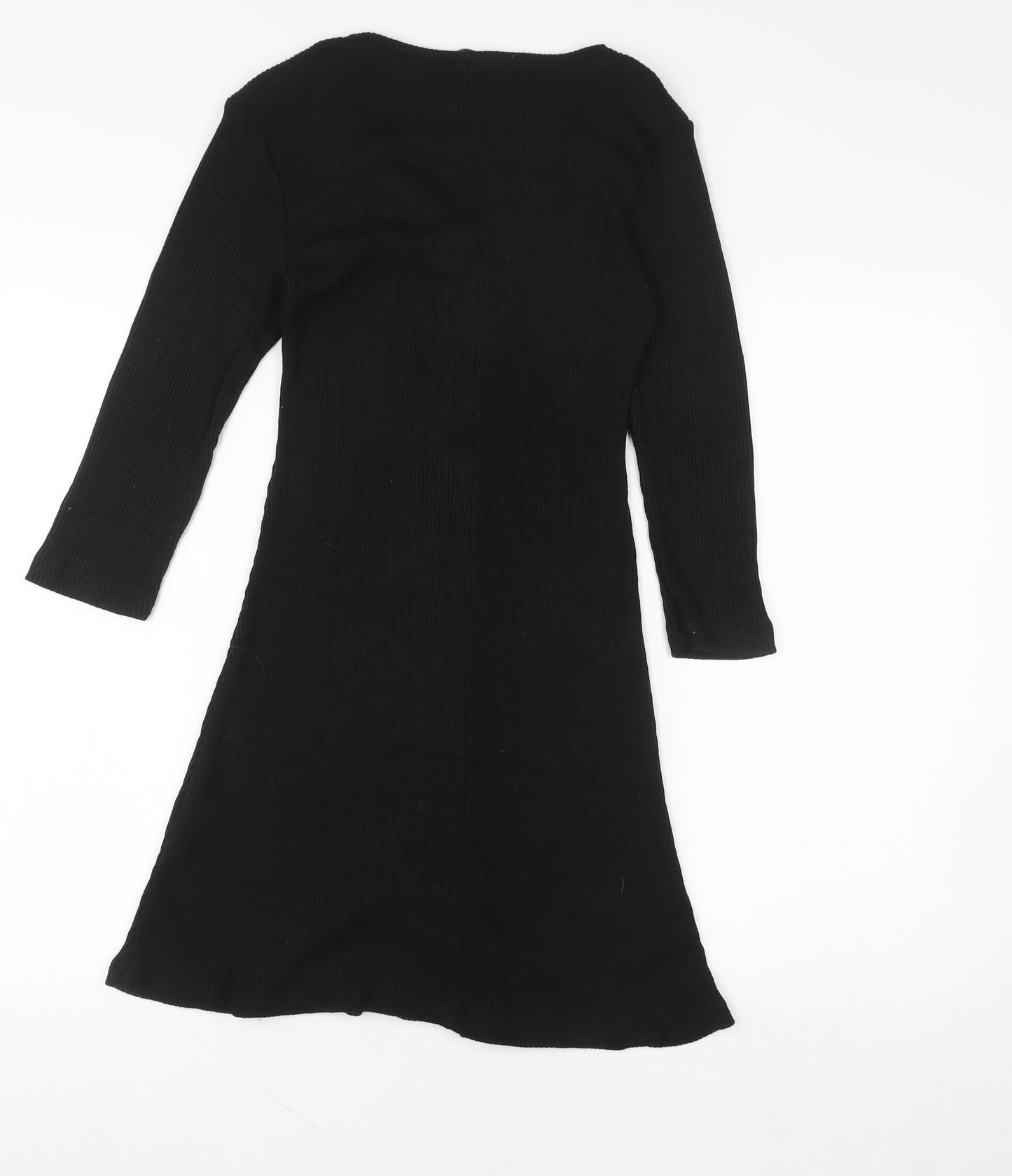 Stradivarius Womens Black Ribbed Knit V-Neck Button Dress Size 8