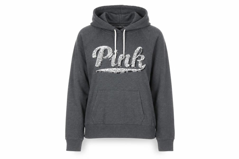 Front view of Victoria's Secret PINK Women's Grey Sequin Logo Pullover Hoodie, size S