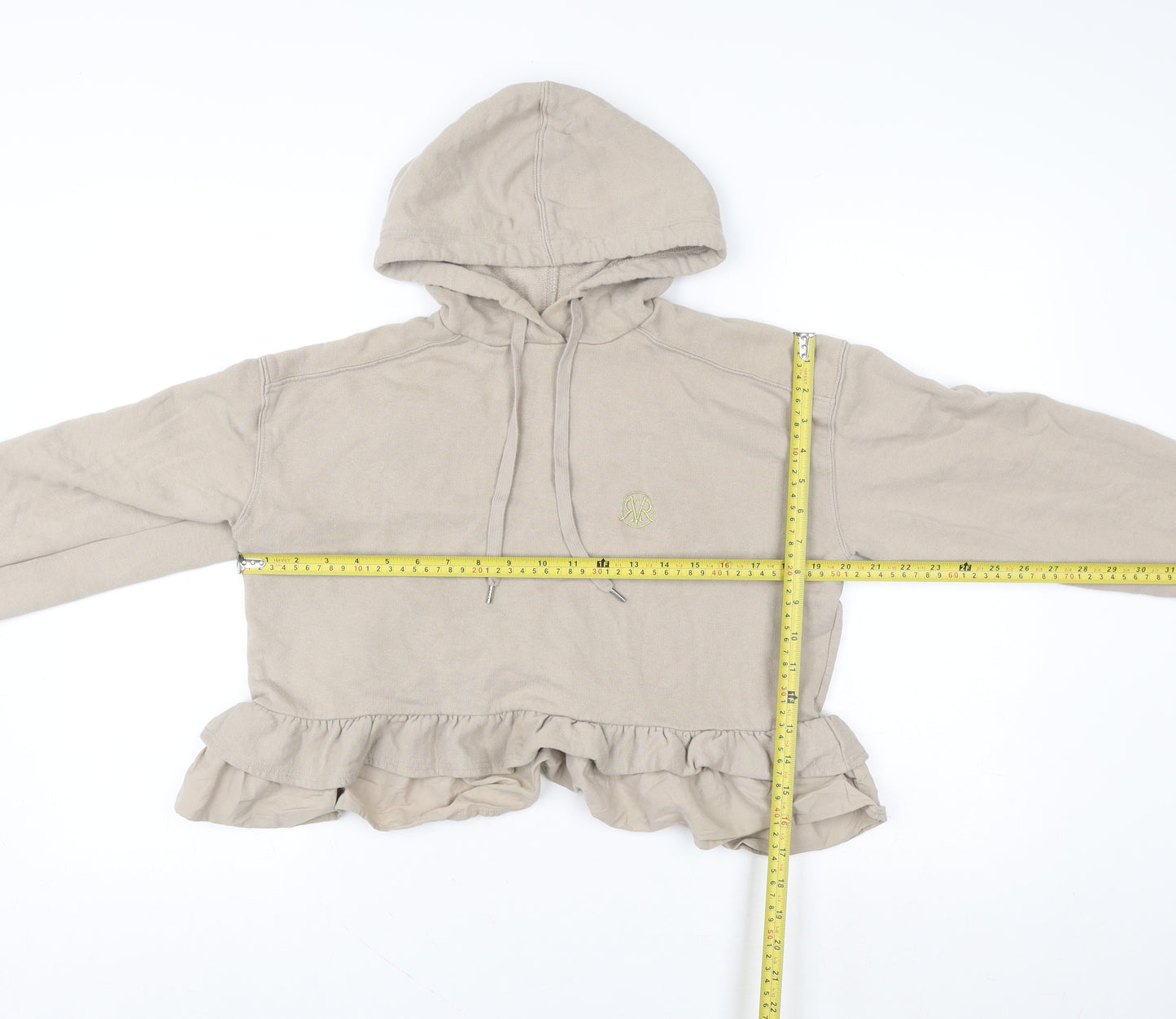 River Island Womens Beige Cropped Ruffle Hem Hoodie Size S