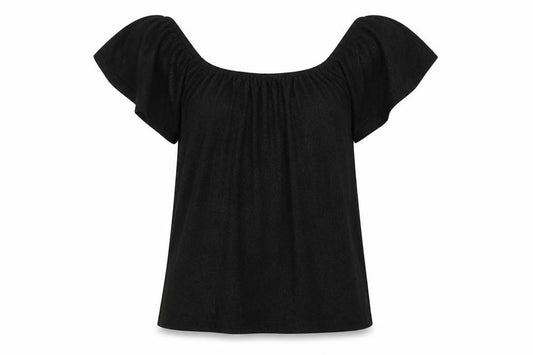 Front view of Warehouse Women's Black Off Shoulder Flutter Sleeve Blouse, size 8