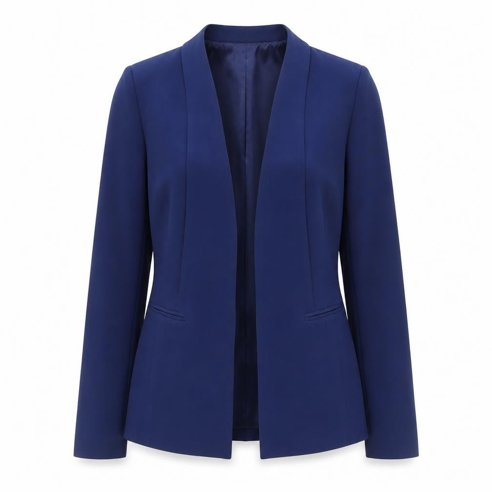 Front view of Aijek women’s blue polyester slim fit open front blazer, size UK 2