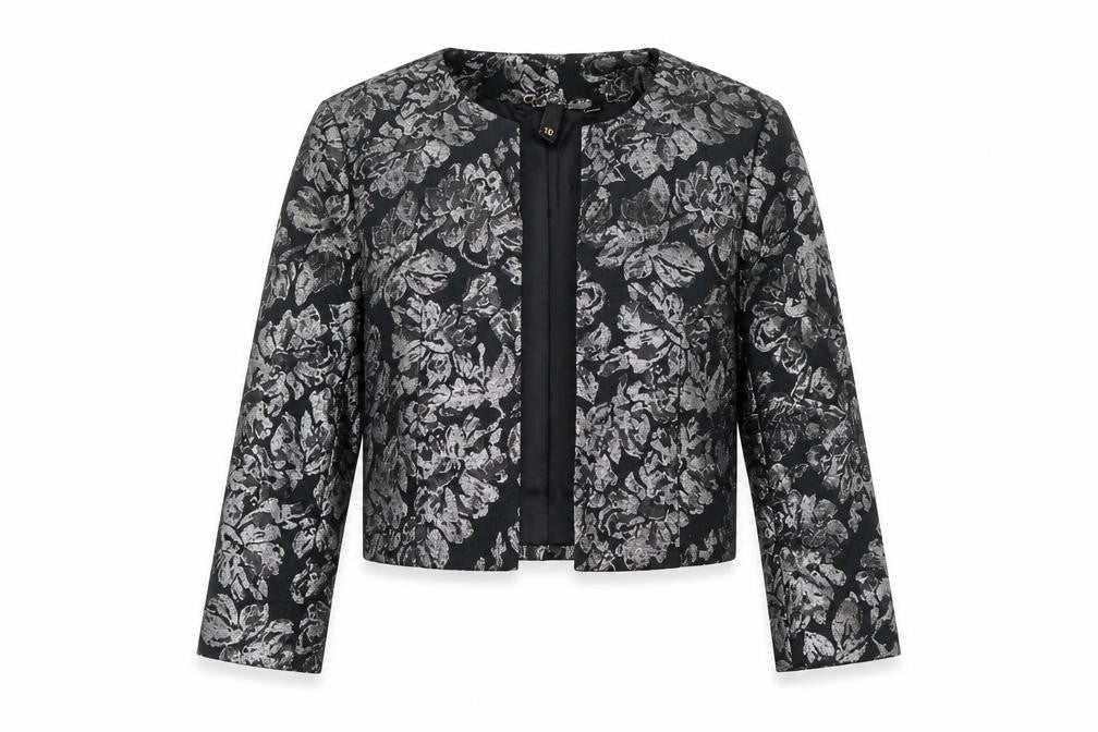 Front view of Women's Black Floral Cropped Blazer Jacket, size 10