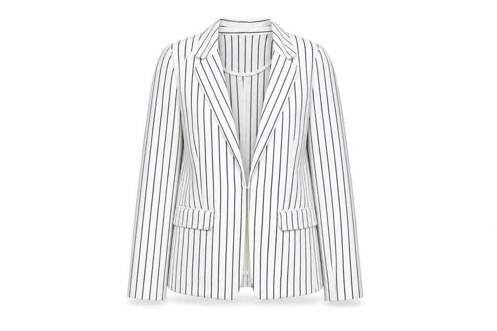 Front view of Phase Eight women’s white striped blazer jacket, size UK 10, regular fit