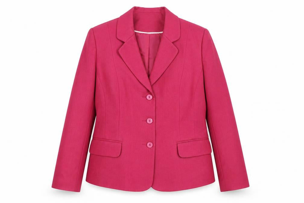 Front view of Autonomy women’s pink classic blazer jacket, size UK 16, single breasted twill