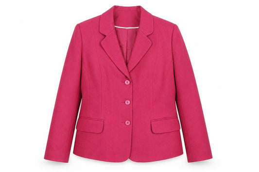 Front view of Autonomy women’s pink classic blazer jacket, size UK 16, single breasted twill