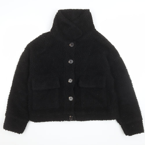 Missguided Women's Black Teddy Fleece Button Up Short Jacket Size 8