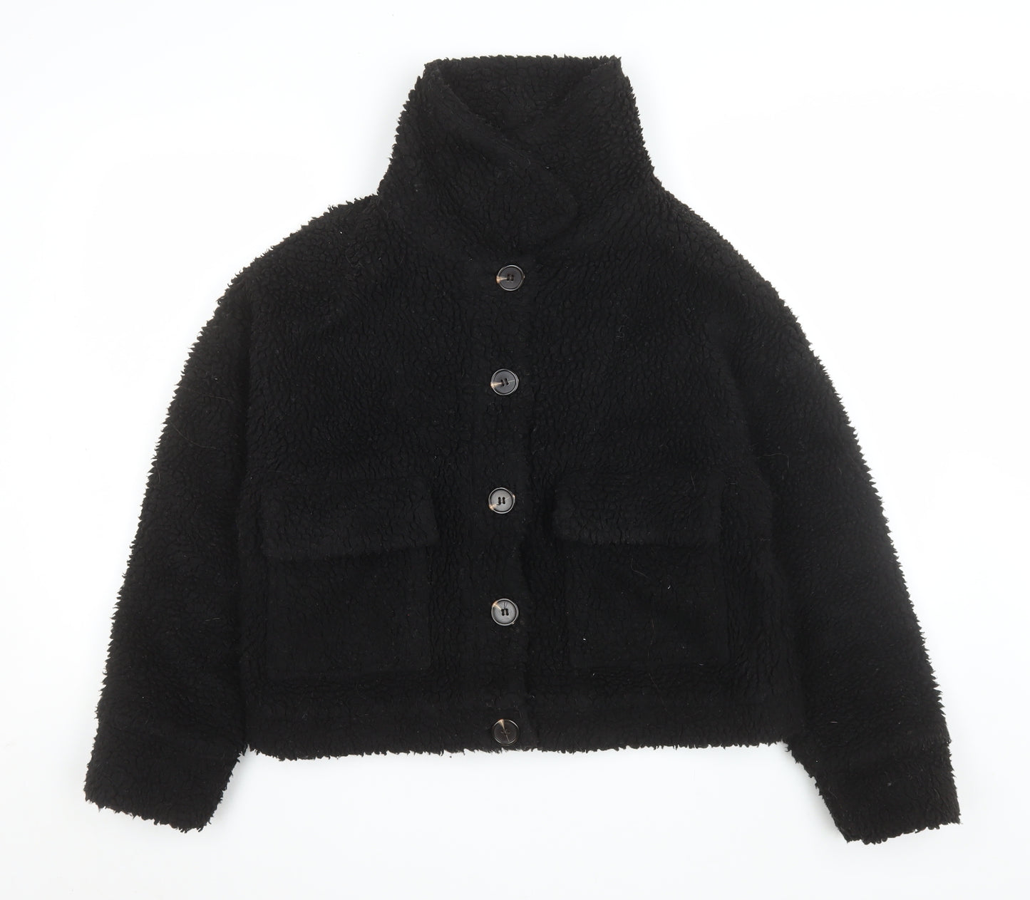 Missguided Women's Black Teddy Fleece Button Up Short Jacket Size 8