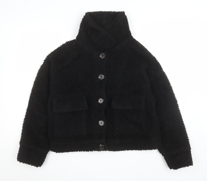 Missguided Women's Black Teddy Fleece Button Up Short Jacket Size 8