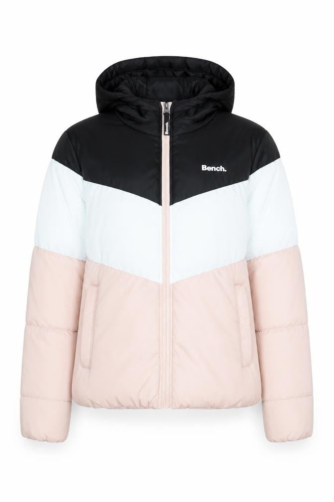 Front view of Bench women’s multicoloured puffer jacket hooded uk 16 xl winter coat