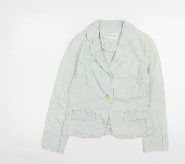Monsoon Women Blue Cotton Blouse Size 10 Long Sleeve Casual