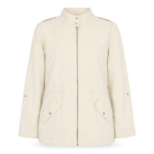 Front view of Zara Women Beige Cotton Blend Mid-Length Basic Jacket, size 12