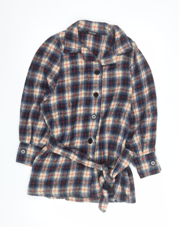Nasty Gal Women's Blue Check Belted Flannel Jacket Size 8
