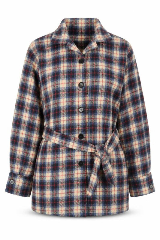 Front view of Nasty Gal Women's Blue Check Belted Flannel Jacket, size 8