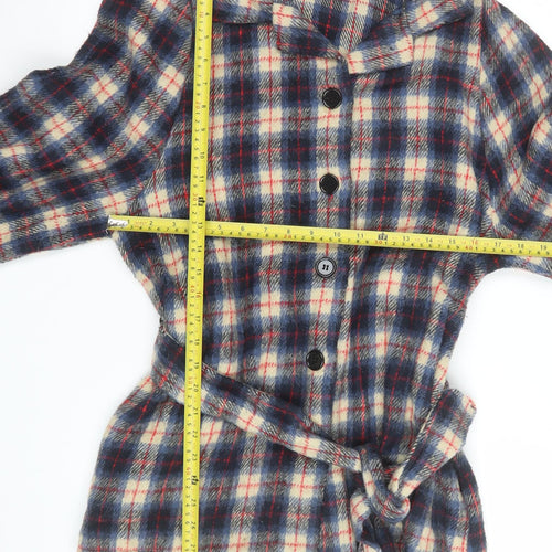 Nasty Gal Women's Blue Check Belted Flannel Jacket Size 8