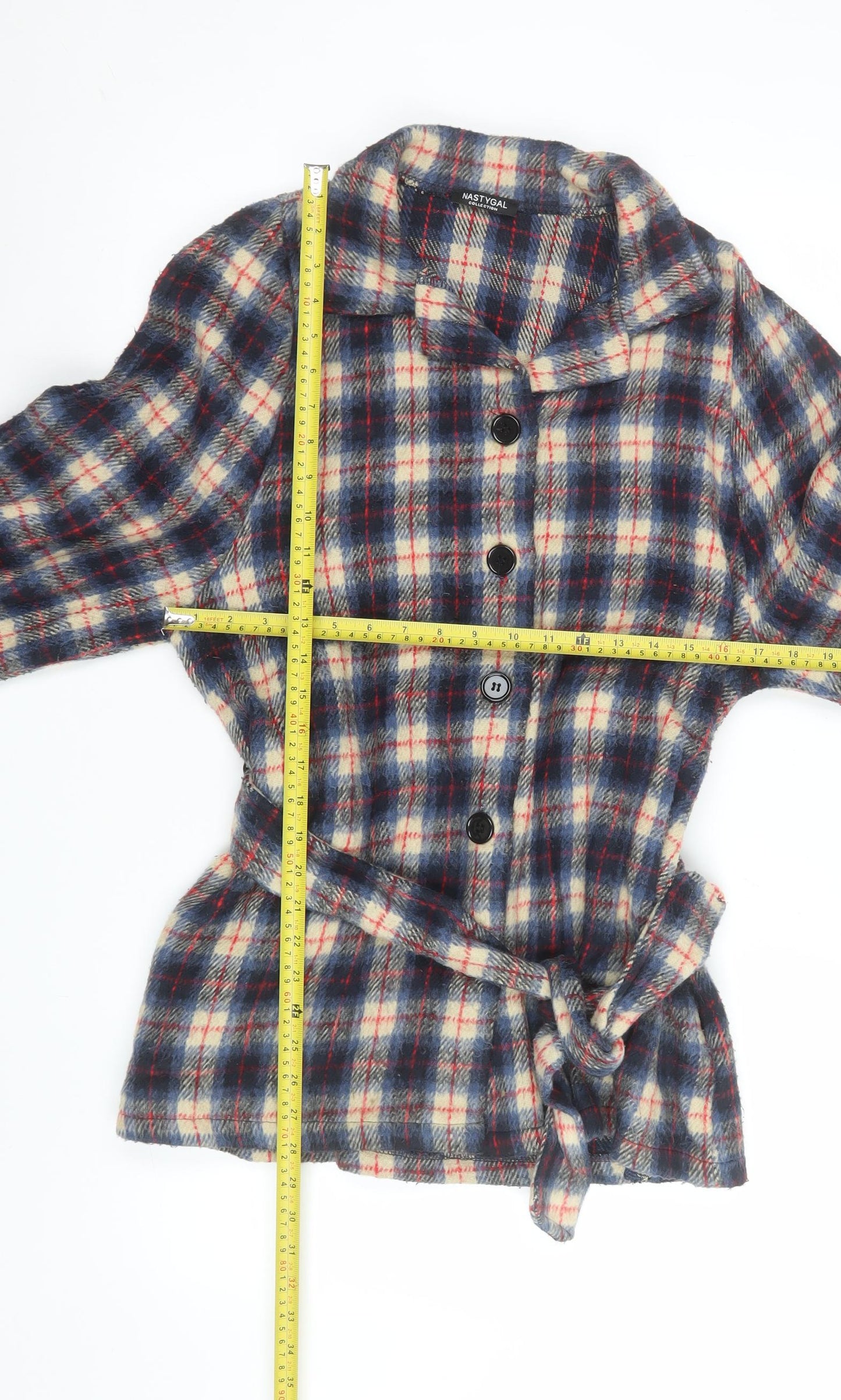 Nasty Gal Women's Blue Check Belted Flannel Jacket Size 8