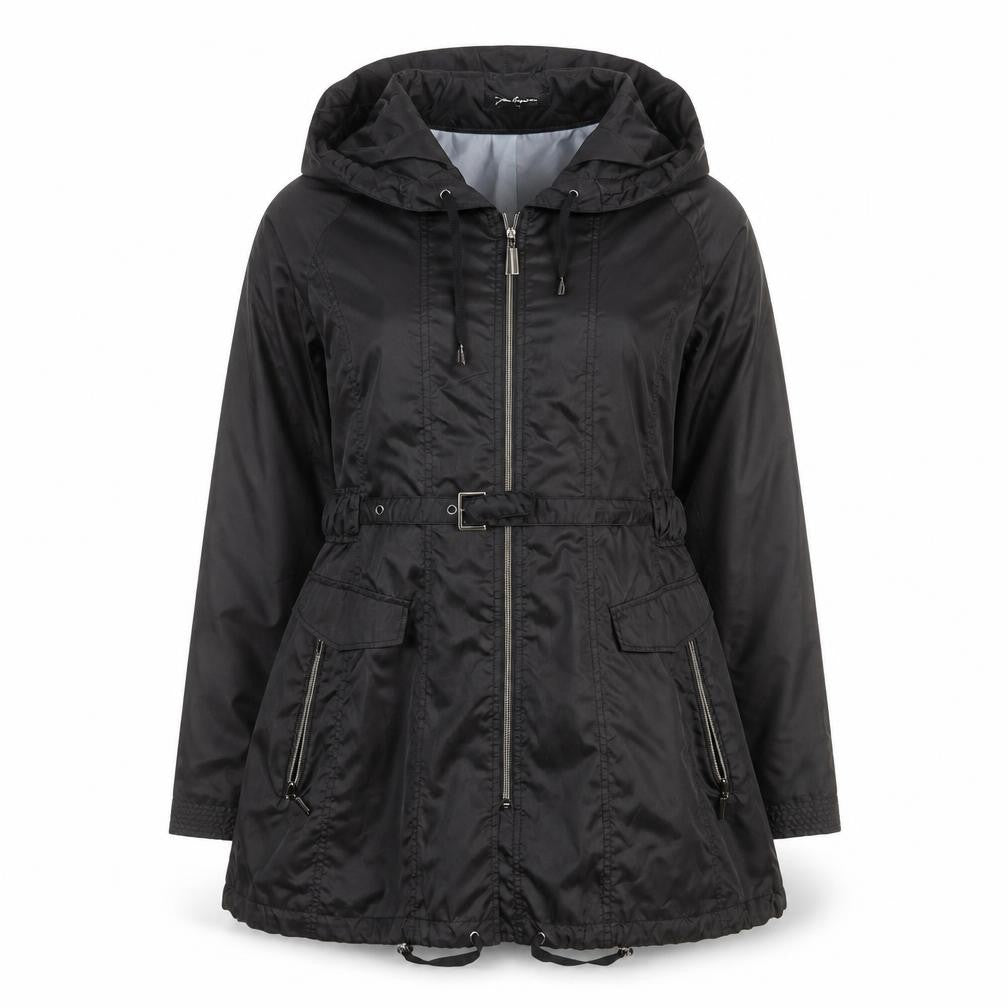 Front view of Jan Kuiperus women’s black, size UK 12, hooded belted parka coat