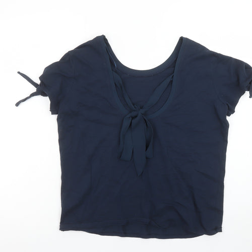 Marks and Spencer Womens Navy Blue Short Sleeve Bow Tie Cotton Top UK 12